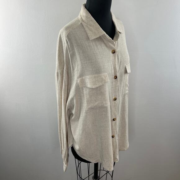 ASOS DESIGN Beige Linen Blend Long Sleeve Button-Up Collared Pocket Shirt 10T - Picture 4 of 8